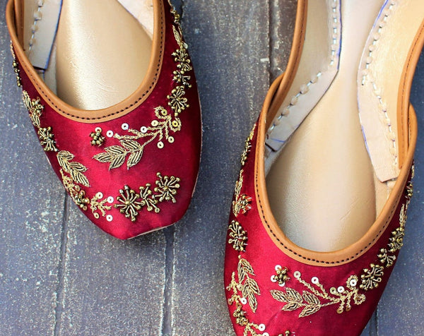 Nawabi Crimson Base and Gold Embellished Ballet Flats