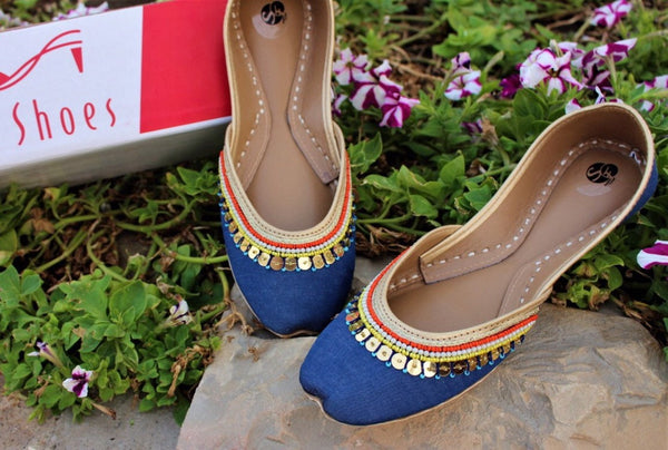 Casual Bling - Stunning Blue Embellished Ballet Flat Shoes Blue Jutis Blue Mojari Blue Khussa