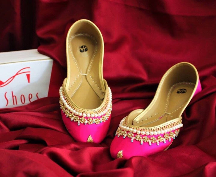 Diamante Bedizenment - Stunning Pink Embellished Ballet Flat Shoes Pink Jutis Pink Mojari Pink Khussa