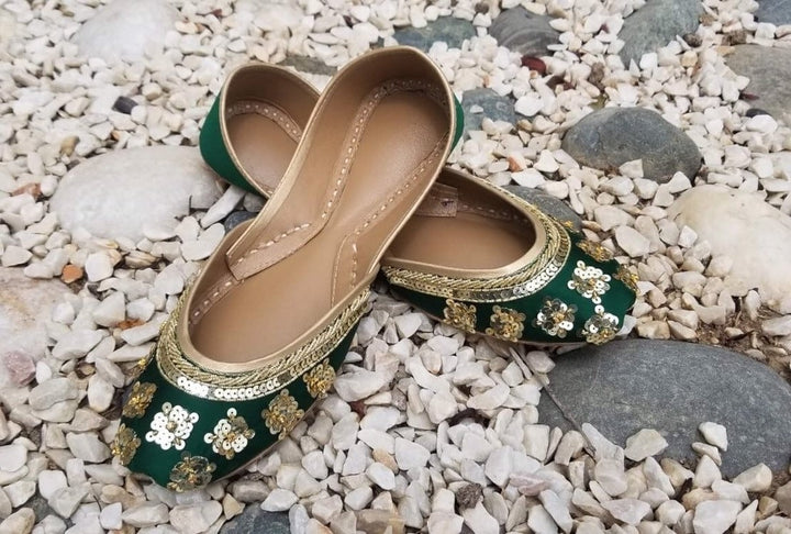 Harā Hadippa - Green base Green Embellished Ballet Flat Shoes Green Jutis Green Slip Ons Mojari Green Khussa Indian Wedding Shoes