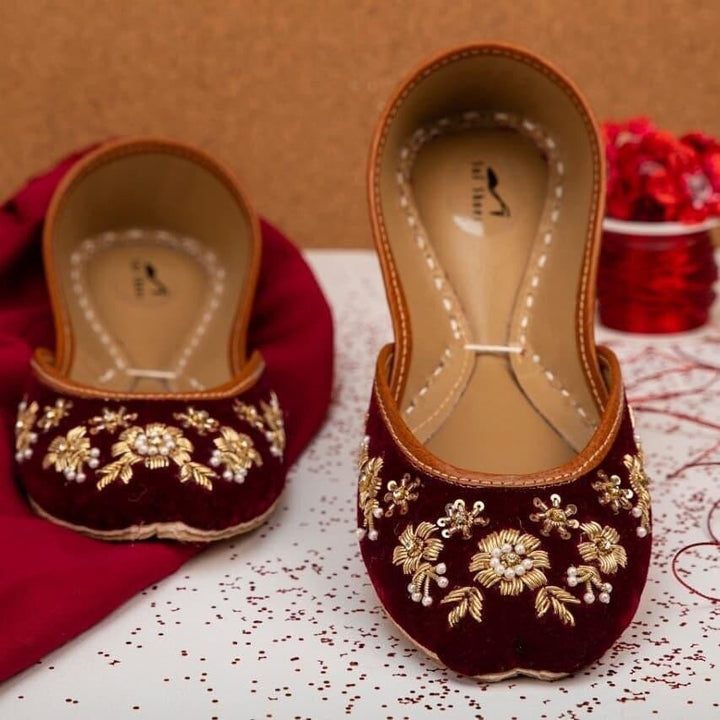 Bridal Bonanza - Mahogany Base Gold Embellished Ballet Flat Shoes Maroon Jutis Maroon Slip Ons Mojari Maroon Khussa Wedding Shoes