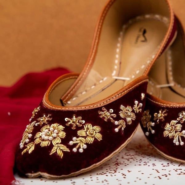 Bridal Bonanza - Mahogany Base Gold Embellished Ballet Flat Shoes Maroon Jutis Maroon Slip Ons Mojari Maroon Khussa Wedding Shoes