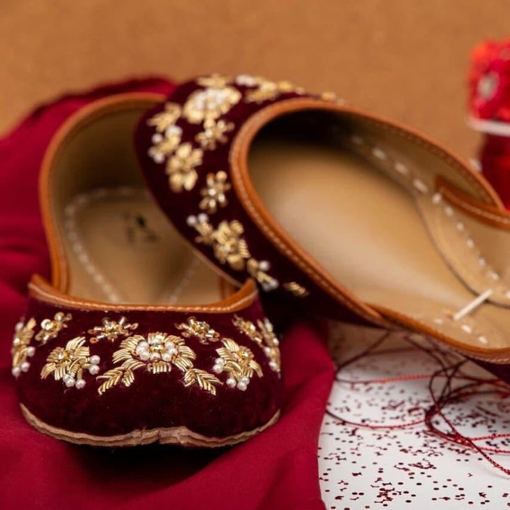 Bridal Bonanza - Mahogany Base Gold Embellished Ballet Flat Shoes Maroon Jutis Maroon Slip Ons Mojari Maroon Khussa Wedding Shoes