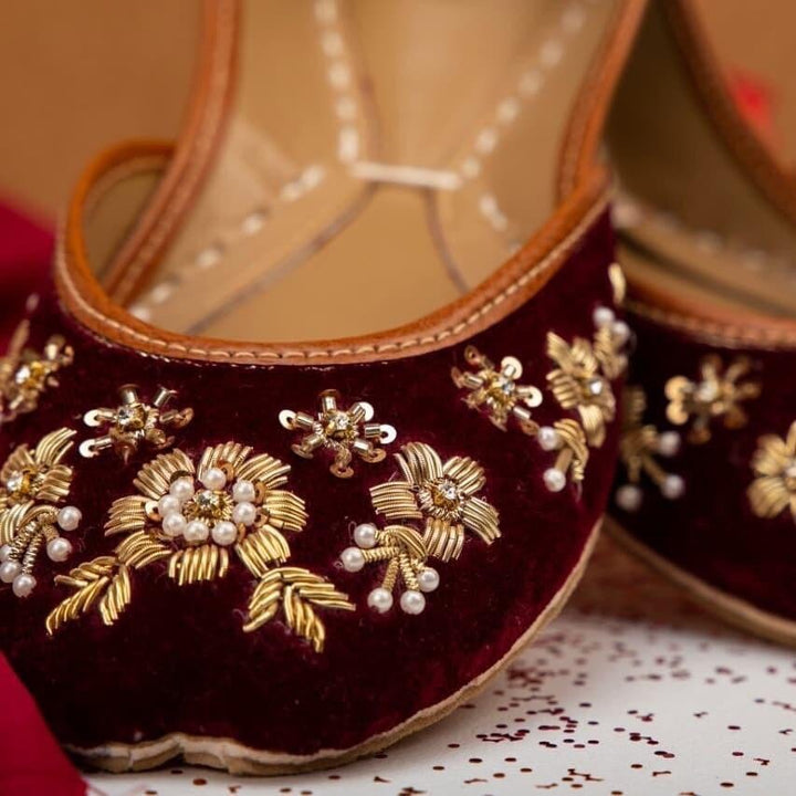 Bridal Bonanza - Mahogany Base Gold Embellished Ballet Flat Shoes Maroon Jutis Maroon Slip Ons Mojari Maroon Khussa Wedding Shoes