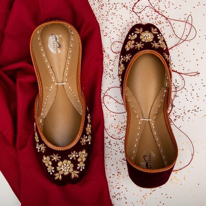 Bridal Bonanza - Mahogany Base Gold Embellished Ballet Flat Shoes Maroon Jutis Maroon Slip Ons Mojari Maroon Khussa Wedding Shoes