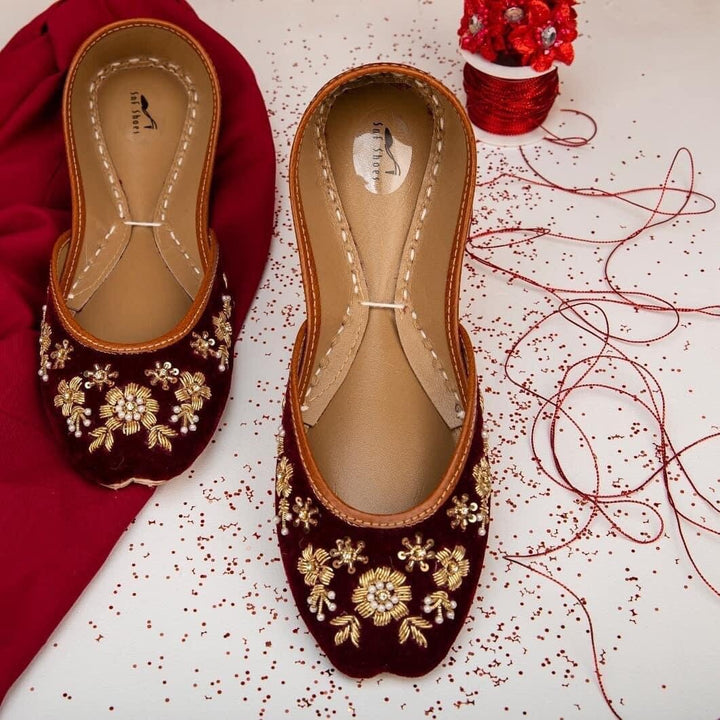 Bridal Bonanza - Mahogany Base Gold Embellished Ballet Flat Shoes Maroon Jutis Maroon Slip Ons Mojari Maroon Khussa Wedding Shoes