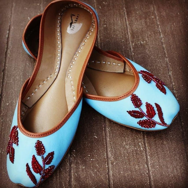 Cherry Blossom - Handmade Embellished Blue Women Ballet Flats Baby Blue Khussa Sky Blue Juti Bridal Shoes Mojari Indian Juttis Wedding Shoes