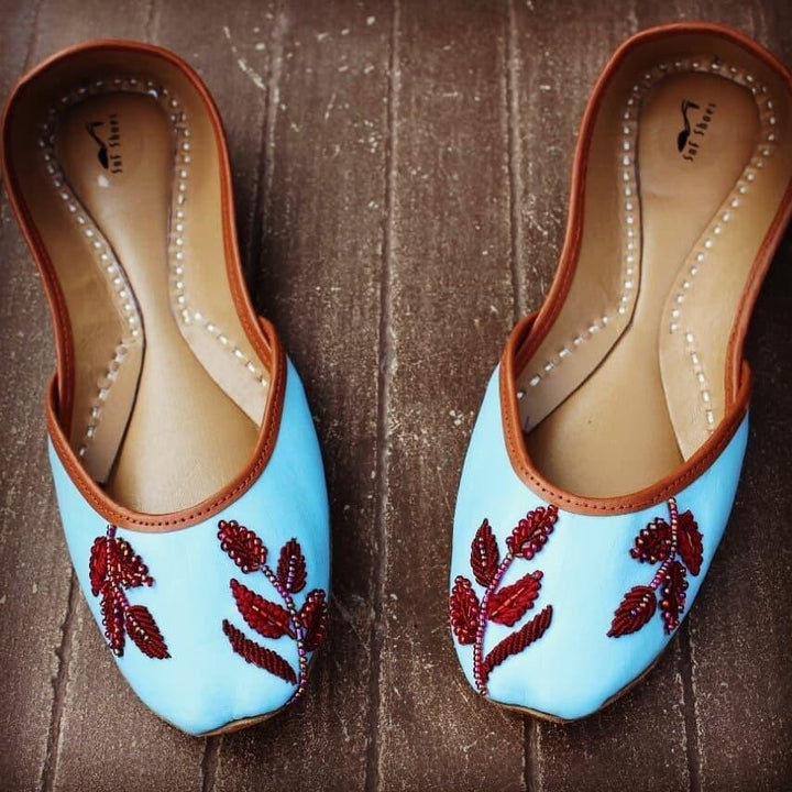 Cherry Blossom - Handmade Embellished Blue Women Ballet Flats Baby Blue Khussa Sky Blue Juti Bridal Shoes Mojari Indian Juttis Wedding Shoes