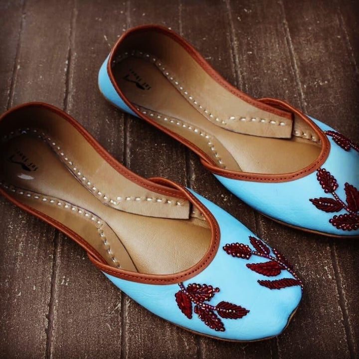 Cherry Blossom - Handmade Embellished Blue Women Ballet Flats Baby Blue Khussa Sky Blue Juti Bridal Shoes Mojari Indian Juttis Wedding Shoes