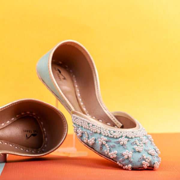 Pearl Ensemble - Stunning Sky Blue Embellished Ballet Pearl Wedding Flat Shoes Blue Jutis Blue Mojari Blue Khussa