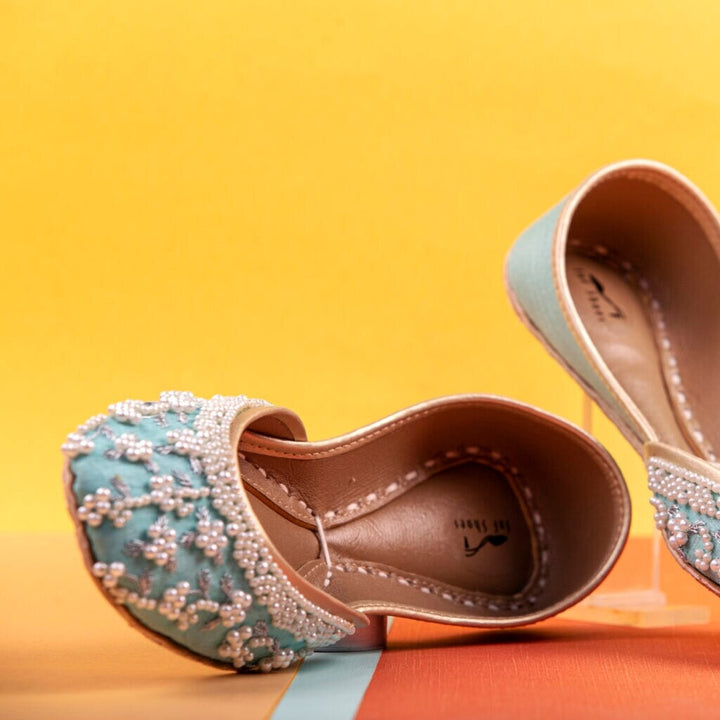 Pearl Ensemble - Stunning Sky Blue Embellished Ballet Pearl Wedding Flat Shoes Blue Jutis Blue Mojari Blue Khussa