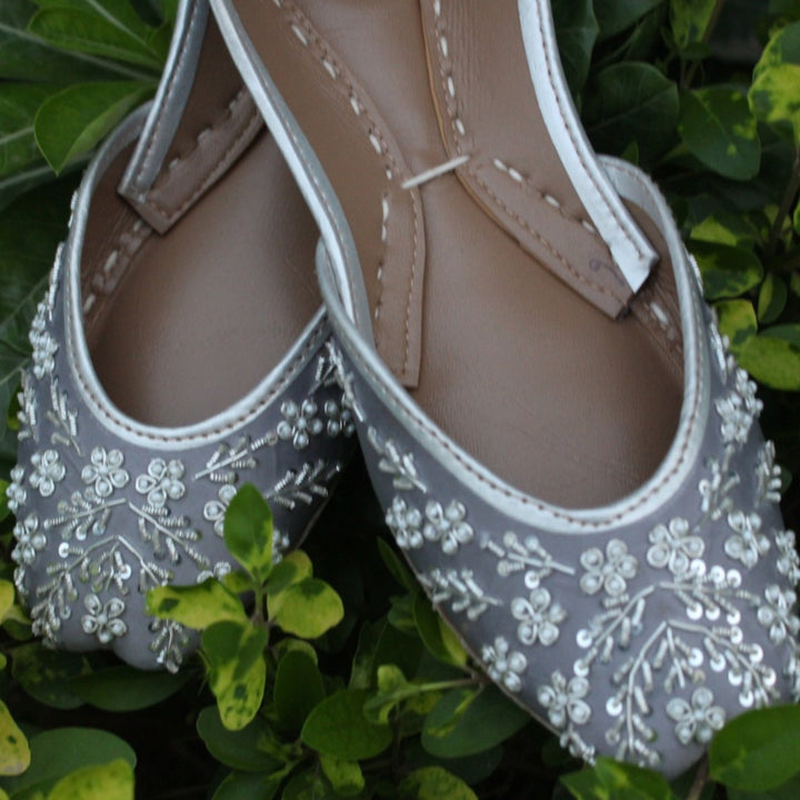 Grey women&#39;s shoes pakistan with white beads, silver french wire and silver sequins embellishment.