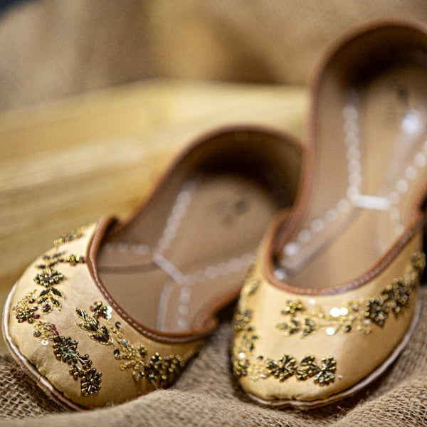 Nawabi Beige - Buttermilk Beige Base Embellished Ballet Wedding Flat Shoes Gold Jutis Black Slip Ons Mojari Gold Khussa Indian Wedding Shoes