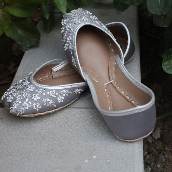 Grey bridal shoes floral with white beads, silver french wire and silver sequins embellishment.