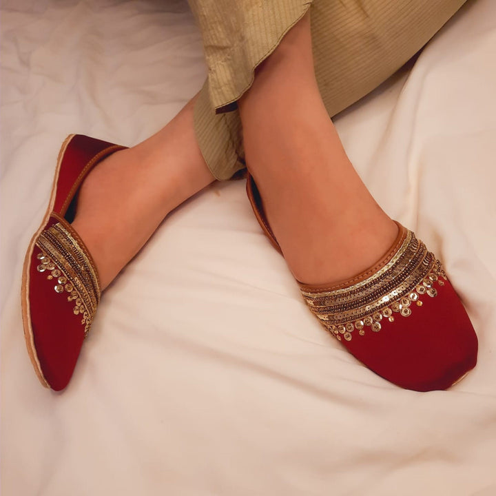 Red Shimmerine - Red Wedding Shoes / Red Ballet Flats / Red Mojari / Red Khussa / Red Juti / Red Slip-ons / Brautschuhe Flach