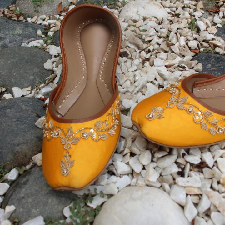 Dreamy Dandelion - Dandelion Yellow Embellished Ballet Flat Shoes Yellow Jutis Yellow Mojari Yellow Khussa Mehendi Shoes Mayun Jutti