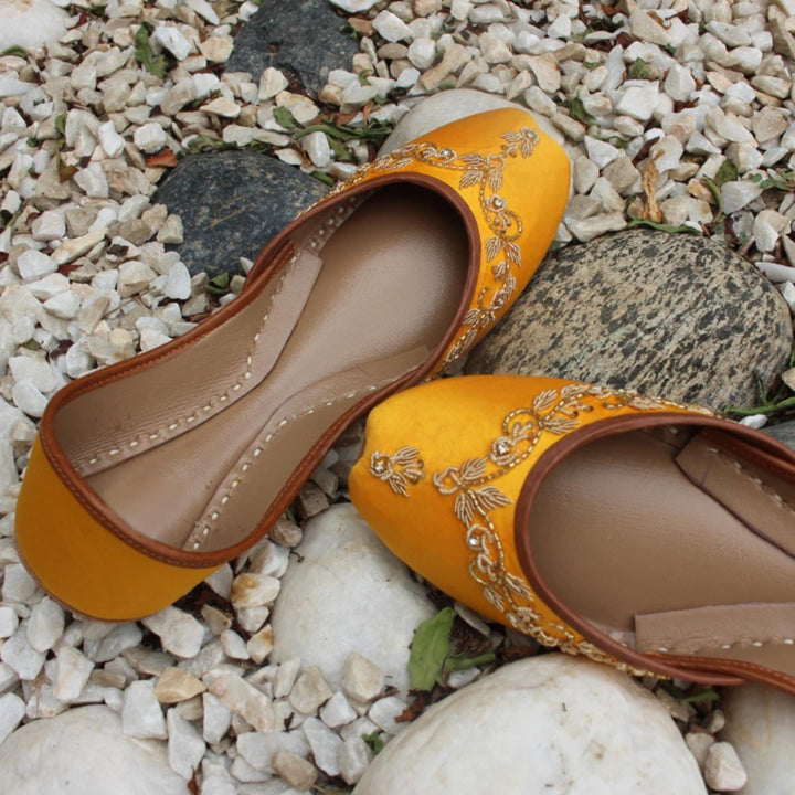 Dreamy Dandelion - Dandelion Yellow Embellished Ballet Flat Shoes Yellow Jutis Yellow Mojari Yellow Khussa Mehendi Shoes Mayun Jutti