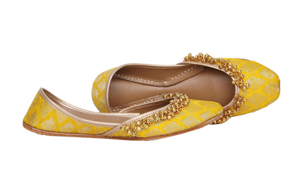 Ghungroo Grace | Handcrafted Banarsi Yellow Ballet Flats with Ghungroo Embellishments - Mojari, Juti, Khussa - Vibrant Ethnic Footwear