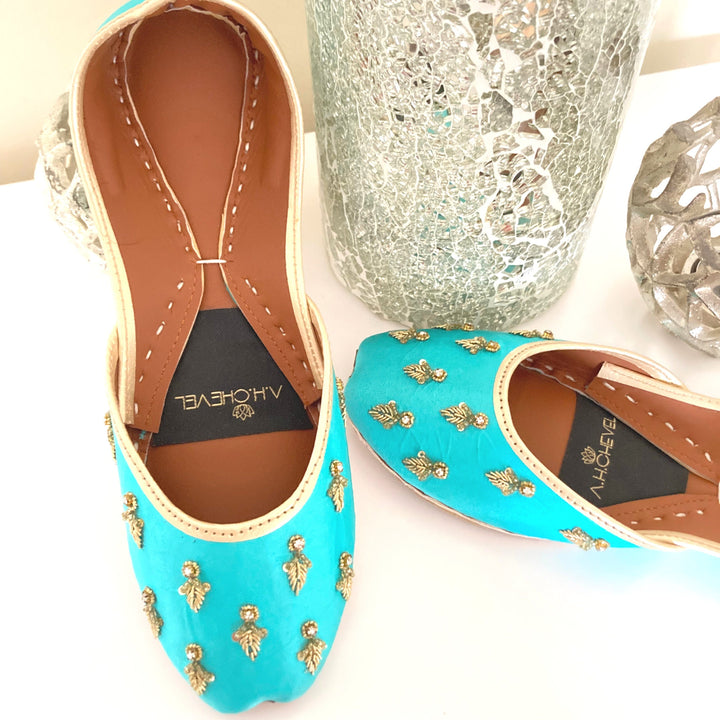 Arctic Turquoise - Handmade Embellished Blue Women Flat Shoes Ballet Flats Blue Juti Ethnic Shoes Bridal Shoes Mojari Indian Juttis