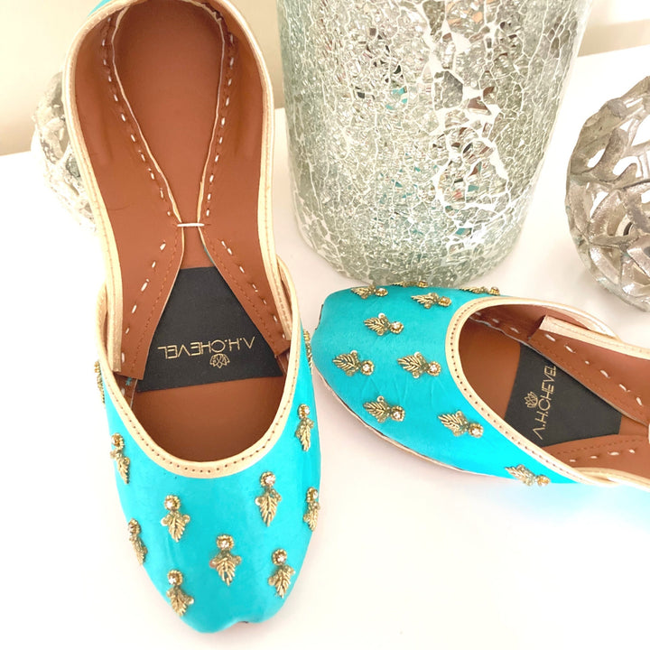 Arctic Turquoise - Handmade Embellished Blue Women Flat Shoes Ballet Flats Blue Juti Ethnic Shoes Bridal Shoes Mojari Indian Juttis