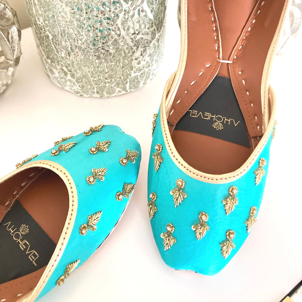 Arctic Turquoise - Handmade Embellished Blue Women Flat Shoes Ballet Flats Blue Juti Ethnic Shoes Bridal Shoes Mojari Indian Juttis