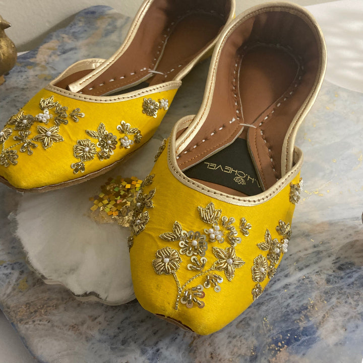 Cadmium Yellow Vibrance - Yellow Ballet Flat with Indian Embellishment Indian Flats Yellow Mojari Yellow Juti Yellow Khussa