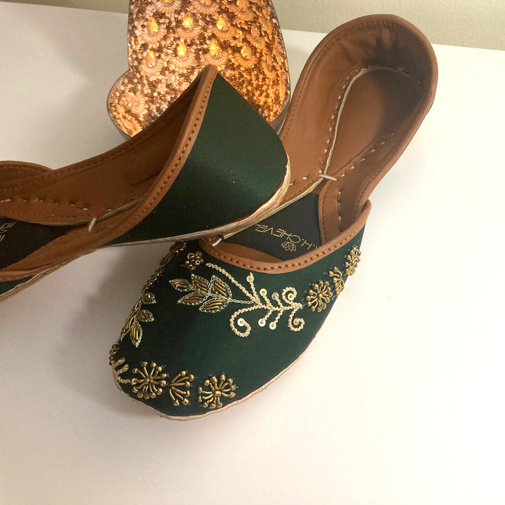 Nawabi Green - Green Embellished Ballet Flat Shoes Green Jutis Green Slip Ons Mojari Green Khussa Vert Ballerines