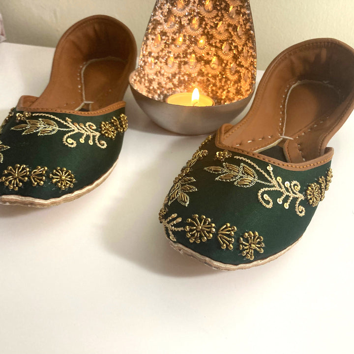 Nawabi Green - Green Embellished Ballet Flat Shoes Green Jutis Green Slip Ons Mojari Green Khussa Vert Ballerines