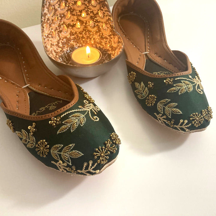 Nawabi Green - Green Embellished Ballet Flat Shoes Green Jutis Green Slip Ons Mojari Green Khussa Vert Ballerines