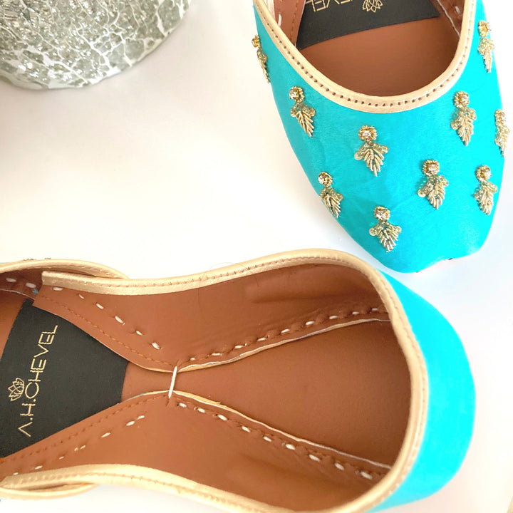 Arctic Turquoise - Handmade Embellished Blue Women Flat Shoes Ballet Flats Blue Juti Ethnic Shoes Bridal Shoes Mojari Indian Juttis