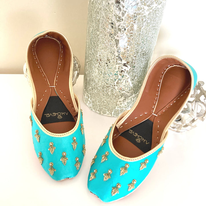 Arctic Turquoise - Handmade Embellished Blue Women Flat Shoes Ballet Flats Blue Juti Ethnic Shoes Bridal Shoes Mojari Indian Juttis