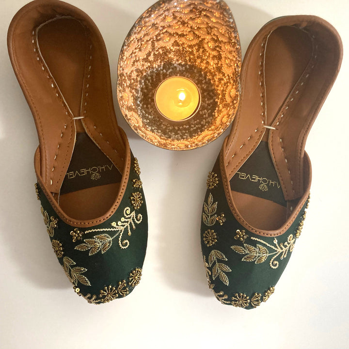 Nawabi Green - Green Embellished Ballet Flat Shoes Green Jutis Green Slip Ons Mojari Green Khussa Vert Ballerines