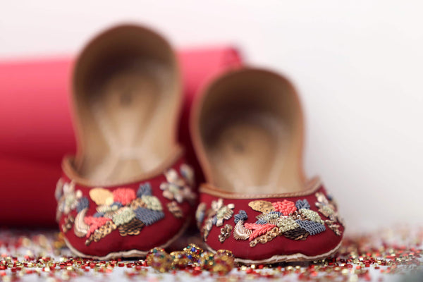 Petals and Prosperity - Red Luxurious Flat Shoes with French Knots and Gold Beads Chinese Shoes Bridal Flats Party Ballet Flats Indian Jutti