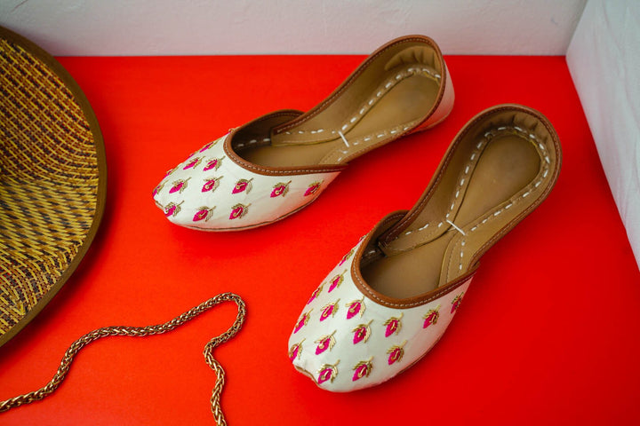 Butterfly Bush - Combining Comfort and Elegance to Perfection: Ivory Flat Shoes for Women Adorned with Pink Delight