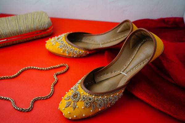 Amber Ensemble - Yellow Ballet Flat with Indian Embellishment Indian Flats Yellow Mojari Yellow Juti Yellow Khussa