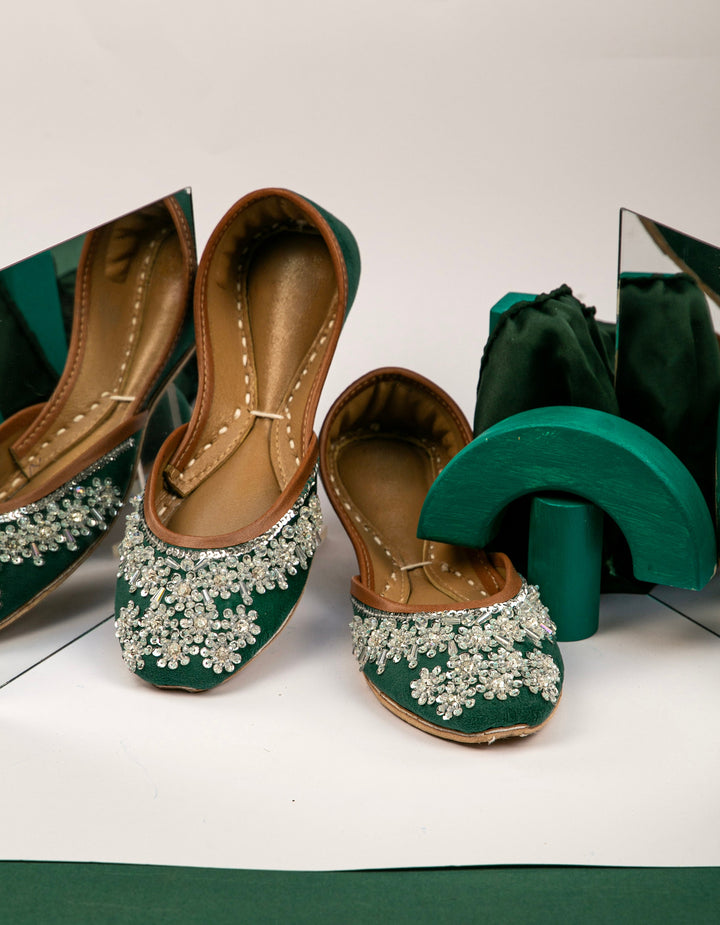 Metis Floral - Green base Floral Beads Embellished Wedding Flat shoes Jutis Silver Wedding Flats Silver Khussa Indian Wedding Shoes