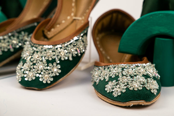 Metis Floral - Green base Floral Beads Embellished Wedding Flat shoes Jutis Silver Wedding Flats Silver Khussa Indian Wedding Shoes