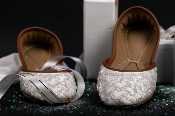 Linear Imagery - White Base Beads Embellished Ballet Flats Wedding Flat Shoes Jutis Mojari Khussa