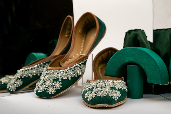 Metis Floral - Green base Floral Beads Embellished Wedding Flat shoes Jutis Silver Wedding Flats Silver Khussa Indian Wedding Shoes
