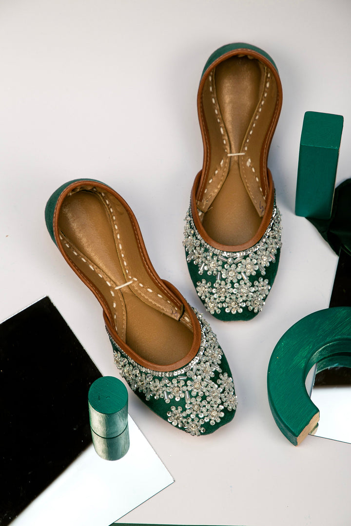 Metis Floral - Green base Floral Beads Embellished Wedding Flat shoes Jutis Silver Wedding Flats Silver Khussa Indian Wedding Shoes
