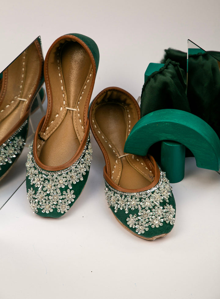 Metis Floral - Green base Floral Beads Embellished Wedding Flat shoes Jutis Silver Wedding Flats Silver Khussa Indian Wedding Shoes