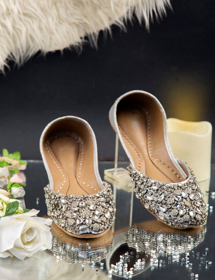 Kundan Floral - Silver Wedding Flats Sparkly Wedding Flats Jeweled Wedding Flats Juti Shoes Khussa Ladies Shoes Khussa Mojari for Women