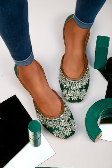 Metis Floral - Green base Floral Beads Embellished Wedding Flat shoes Jutis Silver Wedding Flats Silver Khussa Indian Wedding Shoes