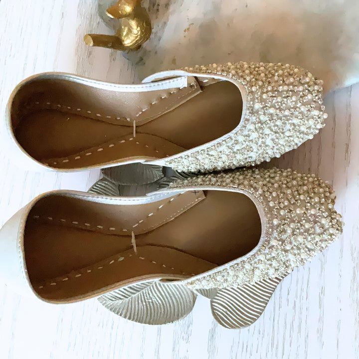 Pearly Blinders: Elegant White Pearl Wedding Flats for Your Special Day | White Wedding Jutti | White Bridal Jutti