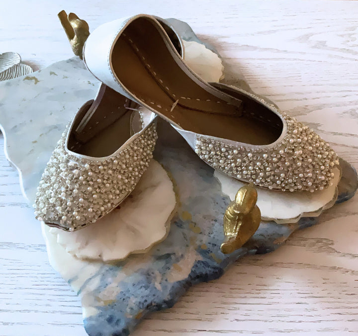 Pearly Blinders: Elegant White Pearl Wedding Flats for Your Special Day | White Wedding Jutti | White Bridal Jutti