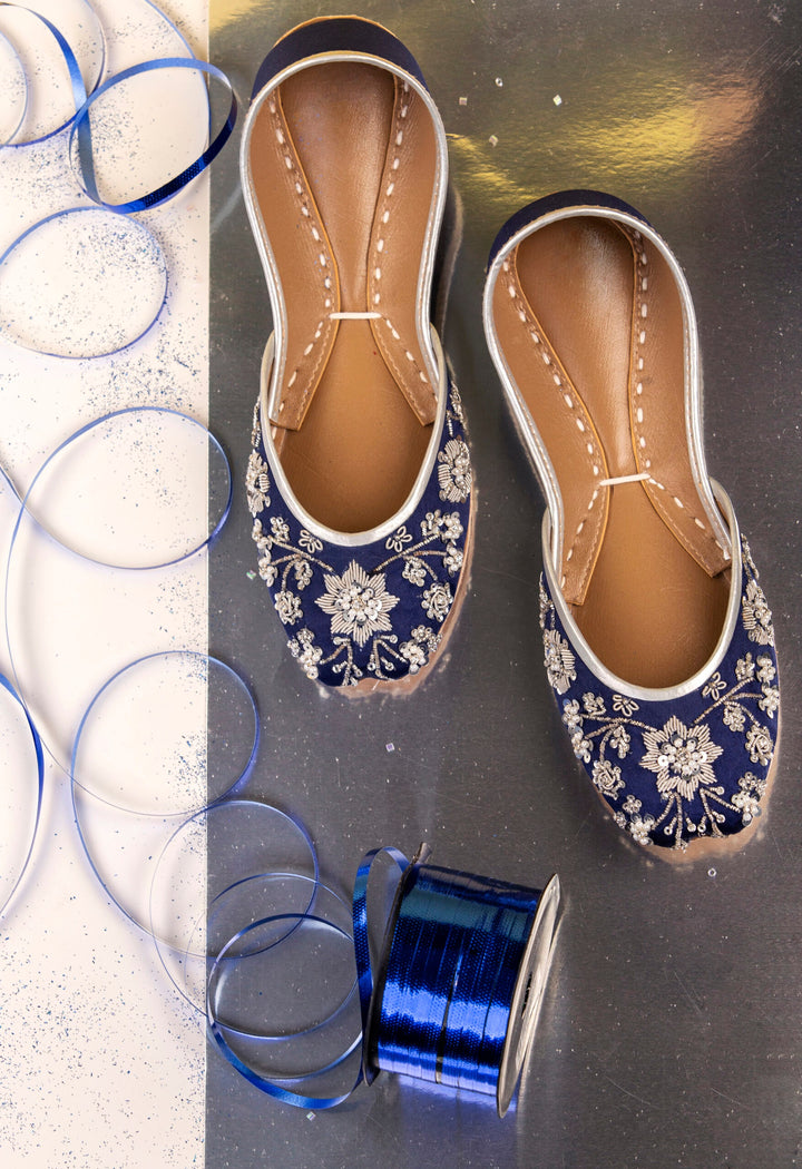 Midnight Blue - Handmade Embellished Blue Women Flats Ballet Flats Blue Khussa Juti Ethnic Shoes Blue Bridal Shoes Mojari Indian Juttis