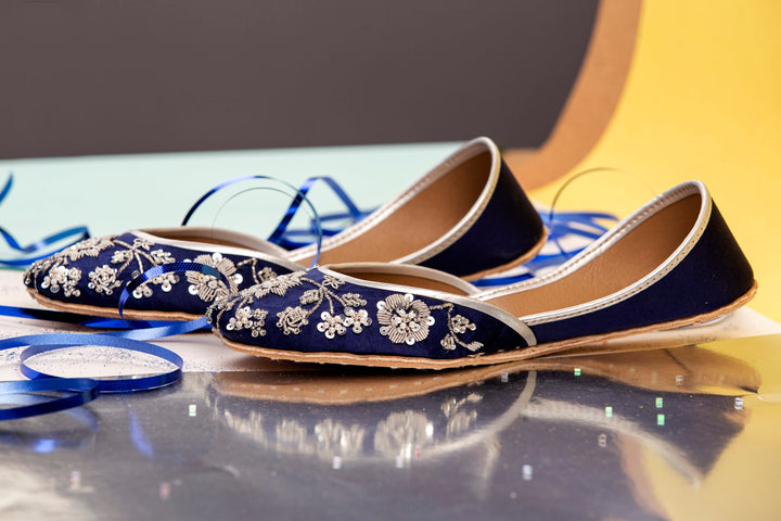 Midnight Blue - Handmade Embellished Blue Women Flats Ballet Flats Blue Khussa Juti Ethnic Shoes Blue Bridal Shoes Mojari Indian Juttis