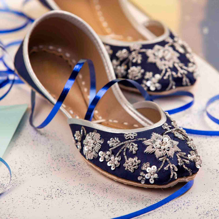 Midnight Blue - Handmade Embellished Blue Women Flats Ballet Flats Blue Khussa Juti Ethnic Shoes Blue Bridal Shoes Mojari Indian Juttis