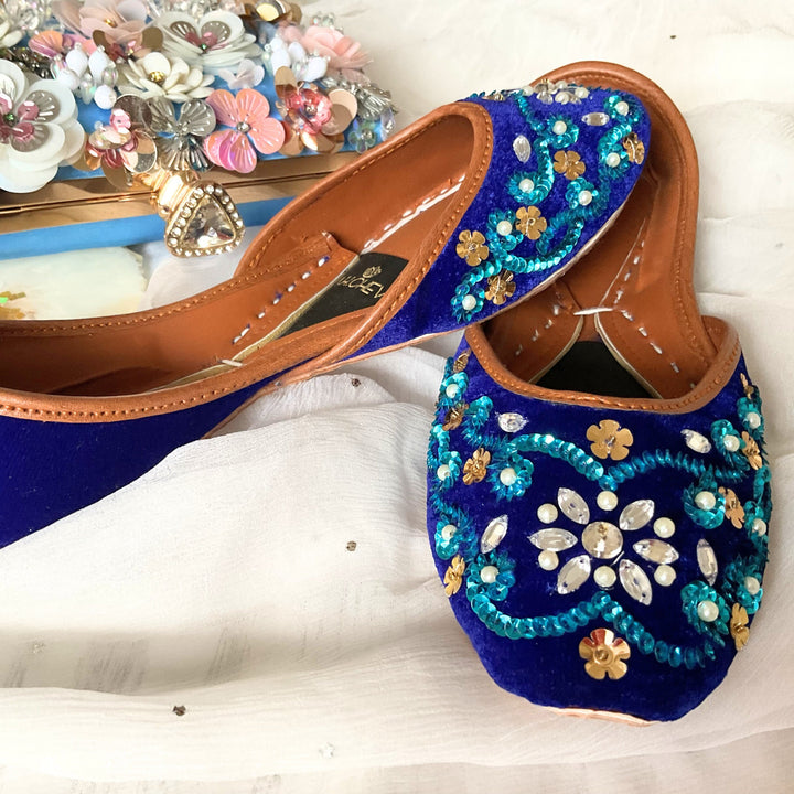 Maya Blue Swirls - Blue base Embellished Wedding Ballet Flat Shoes Blue Jutis Blue Slip Ons Mojari Blue Khussa Ballerines Bleu Clair