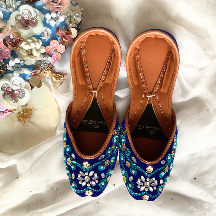 Maya Blue Swirls - Blue base Embellished Wedding Ballet Flat Shoes Blue Jutis Blue Slip Ons Mojari Blue Khussa Ballerines Bleu Clair